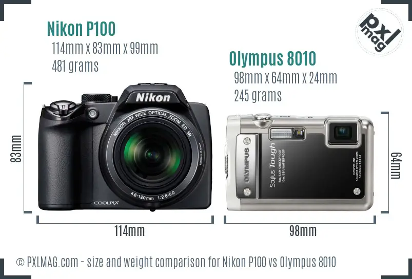 Nikon P100 vs Olympus 8010 size comparison