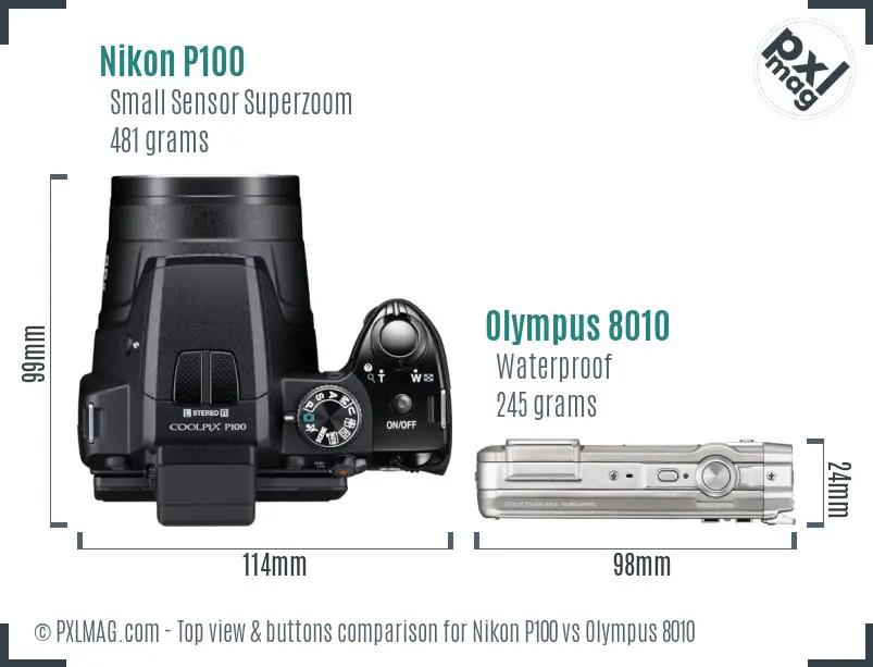 Nikon P100 vs Olympus 8010 top view buttons comparison