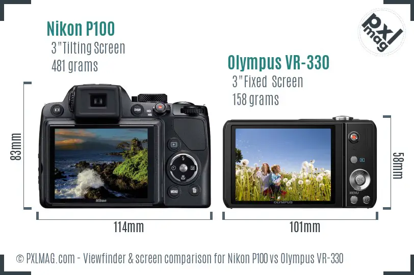 Nikon P100 vs Olympus VR-330 Screen and Viewfinder comparison