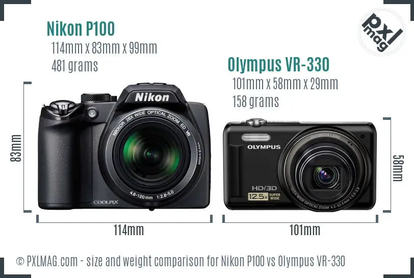 Nikon P100 vs Olympus VR-330 size comparison