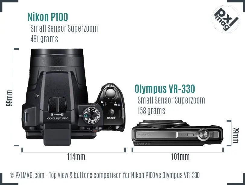 Nikon P100 vs Olympus VR-330 top view buttons comparison