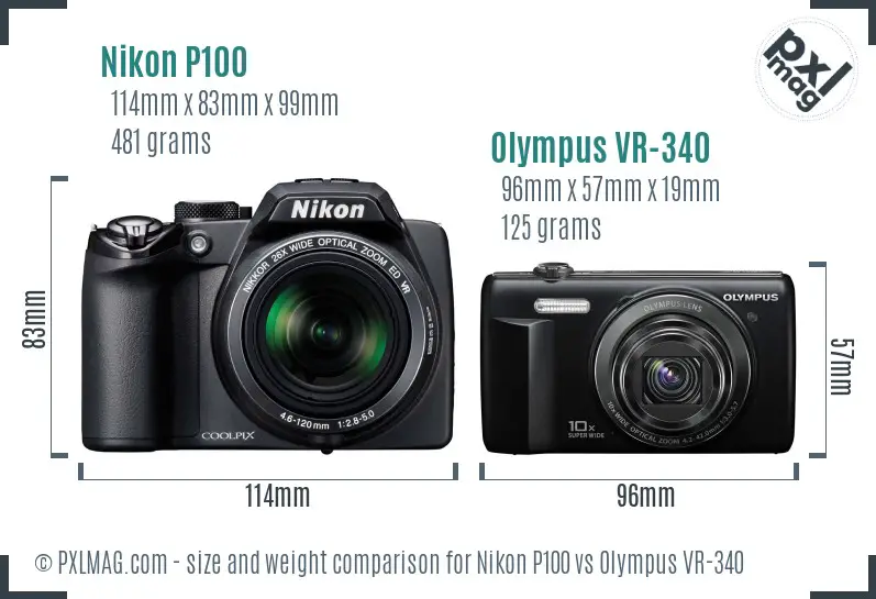 Nikon P100 vs Olympus VR-340 size comparison