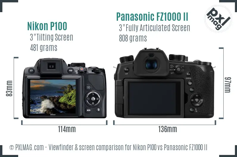 Nikon P100 vs Panasonic FZ1000 II Screen and Viewfinder comparison