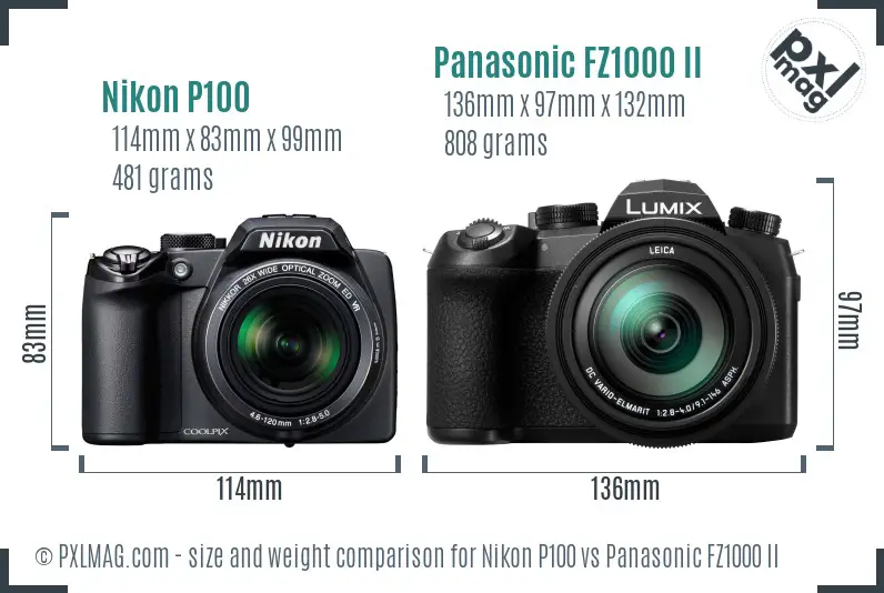 Nikon P100 vs Panasonic FZ1000 II size comparison Nikon P100 vs Panasonic FZ1000 II size comparison