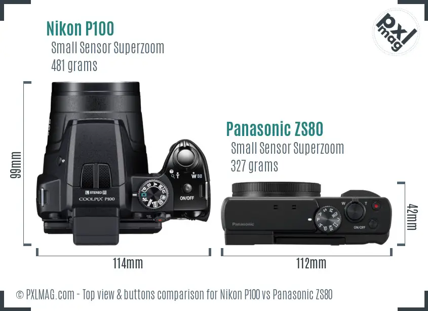 Nikon P100 vs Panasonic ZS80 top view buttons comparison