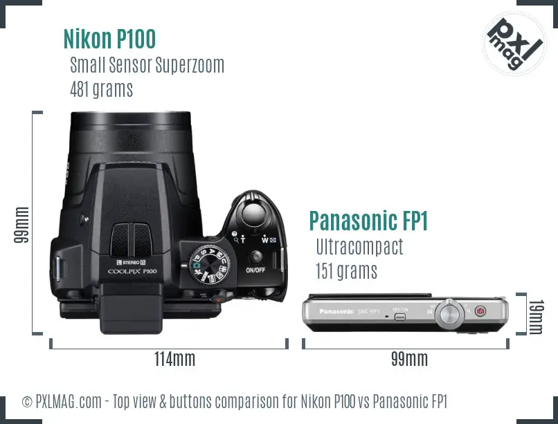 Nikon P100 vs Panasonic FP1 top view buttons comparison