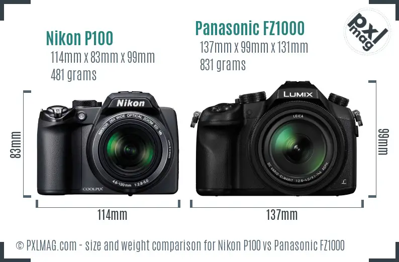 Nikon P100 vs Panasonic FZ1000 size comparison