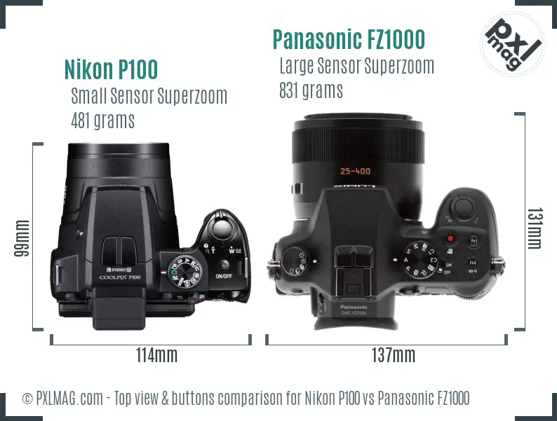 Nikon P100 vs Panasonic FZ1000 top view buttons comparison