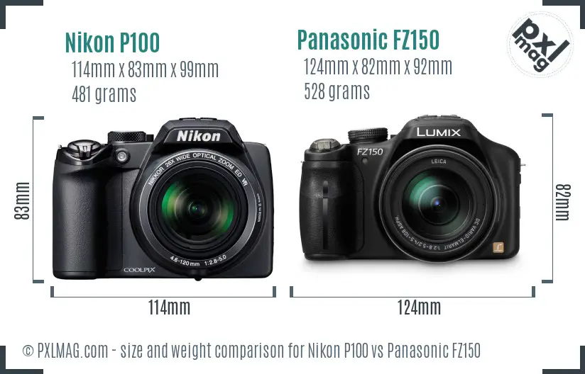 Nikon P100 vs Panasonic FZ150 size comparison