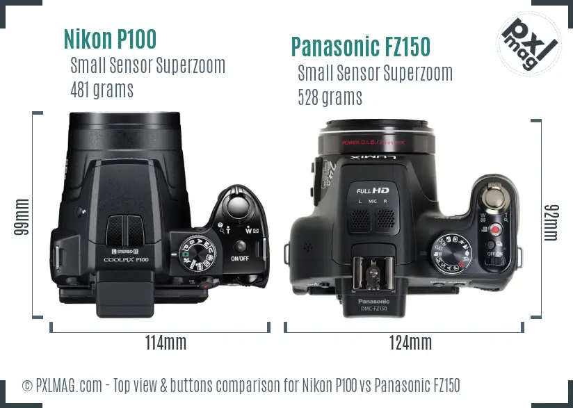 Nikon P100 vs Panasonic FZ150 top view buttons comparison
