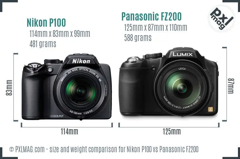 Nikon P100 vs Panasonic FZ200 size comparison