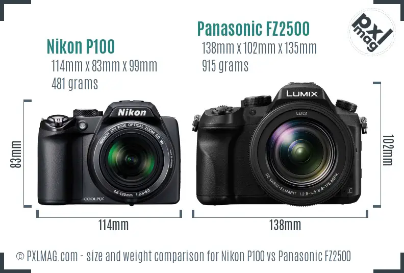 Nikon P100 vs Panasonic FZ2500 size comparison