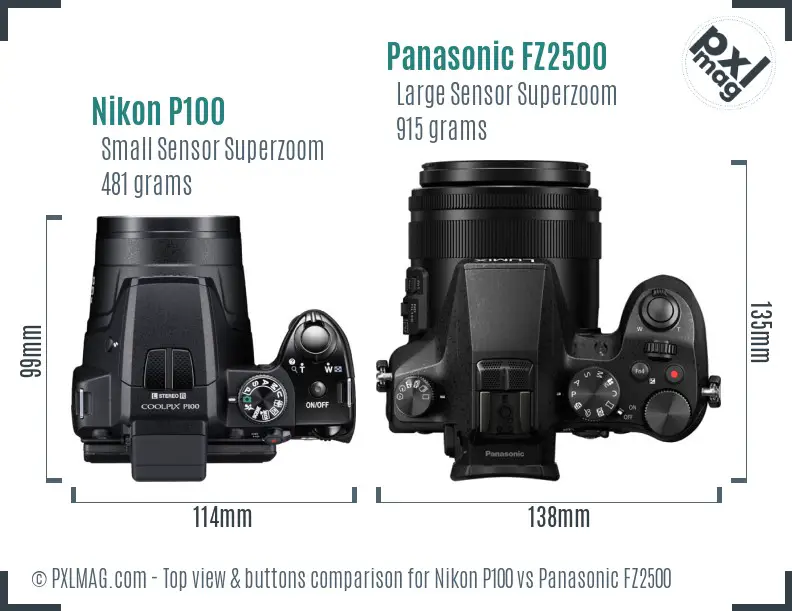 Nikon P100 vs Panasonic FZ2500 top view buttons comparison