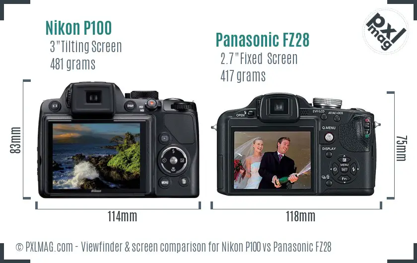 Nikon P100 vs Panasonic FZ28 Screen and Viewfinder comparison