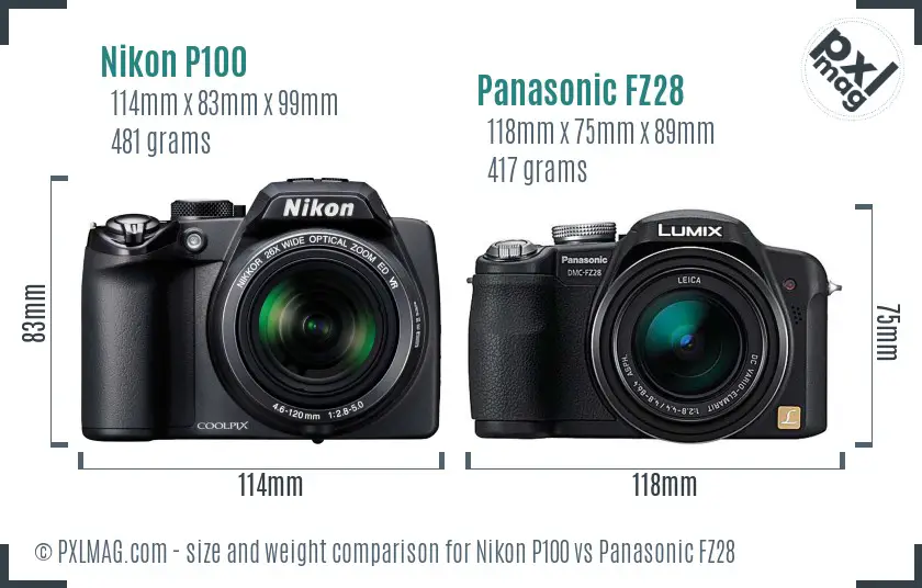 Nikon P100 vs Panasonic FZ28 size comparison