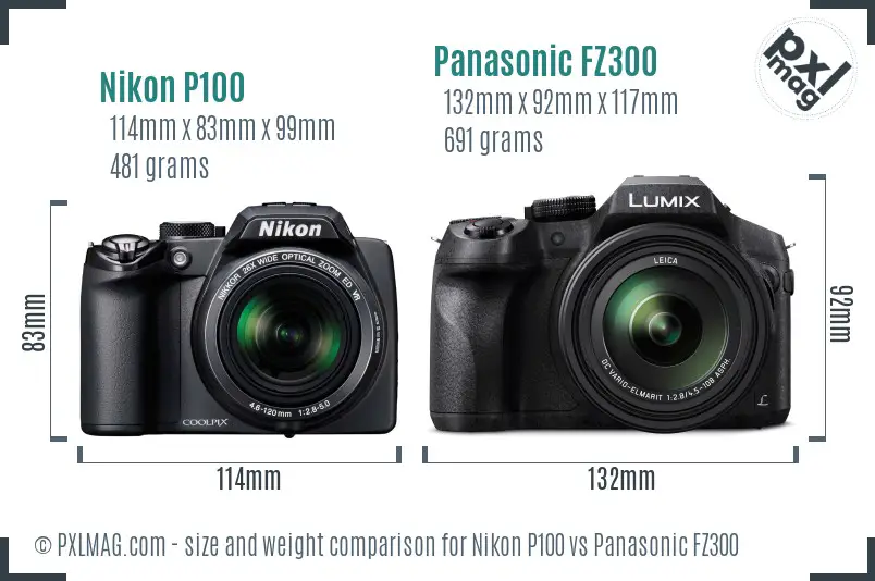Nikon P100 vs Panasonic FZ300 size comparison