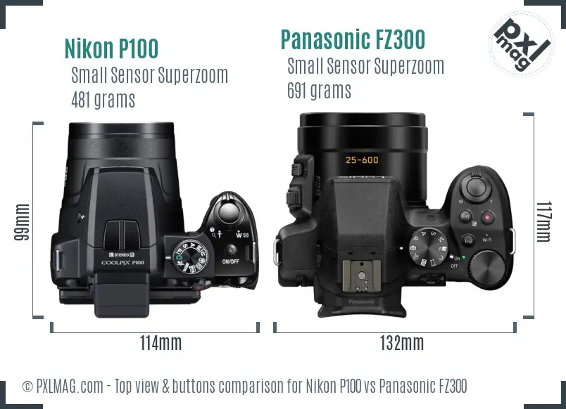 Nikon P100 vs Panasonic FZ300 top view buttons comparison
