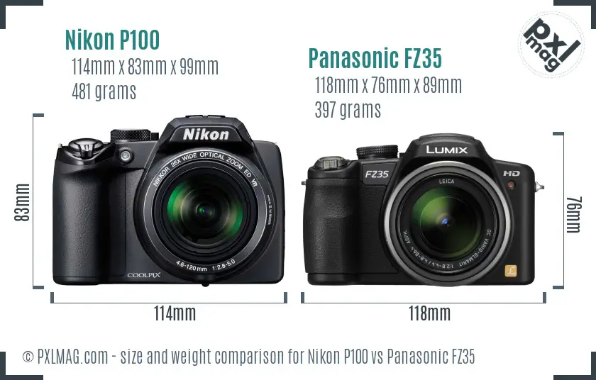 Nikon P100 vs Panasonic FZ35 size comparison