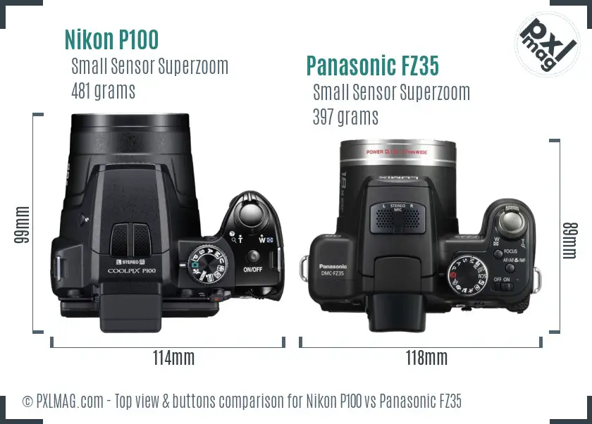 Nikon P100 vs Panasonic FZ35 top view buttons comparison