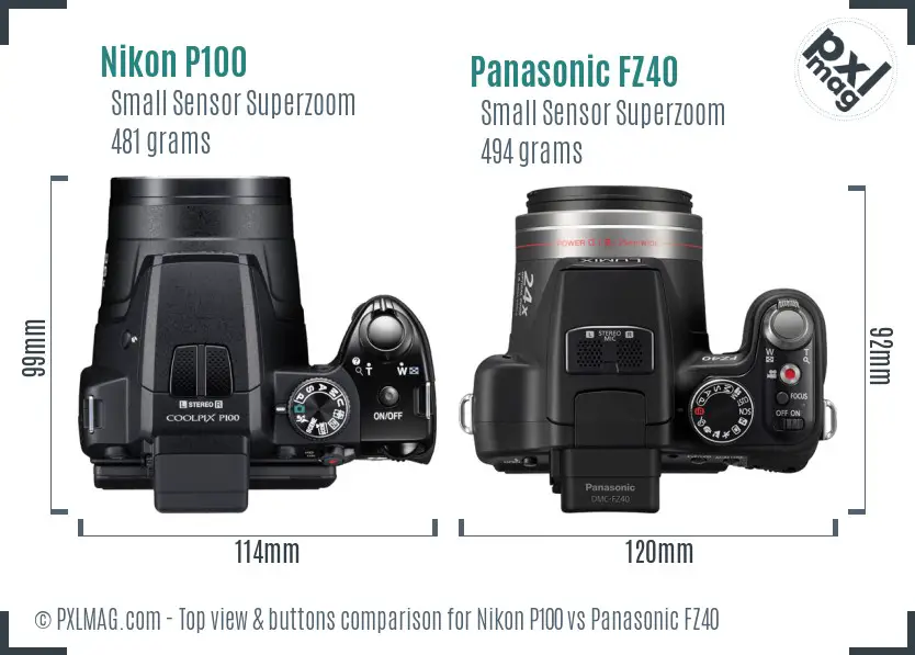 Nikon P100 vs Panasonic FZ40 top view buttons comparison Nikon P100 vs Panasonic FZ40 top view buttons comparison
