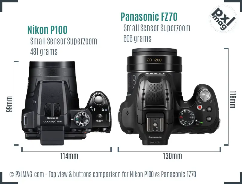 Nikon P100 vs Panasonic FZ70 top view buttons comparison