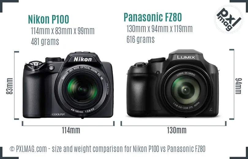 Nikon P100 vs Panasonic FZ80 size comparison