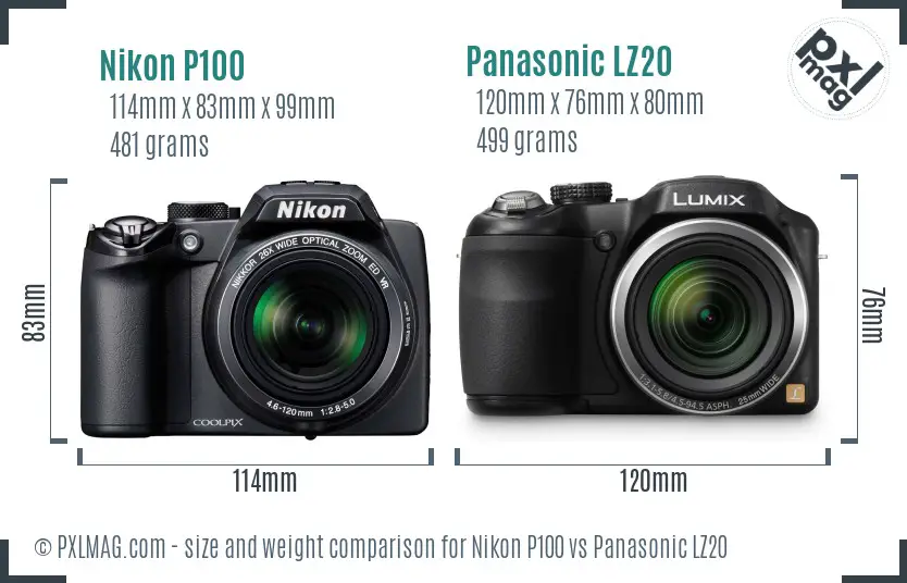 Nikon P100 vs Panasonic LZ20 size comparison