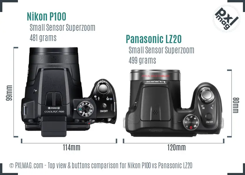 Nikon P100 vs Panasonic LZ20 top view buttons comparison