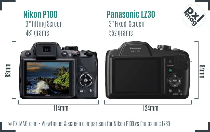 Nikon P100 vs Panasonic LZ30 Screen and Viewfinder comparison