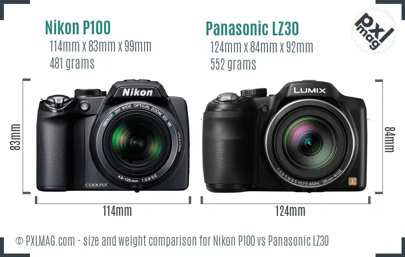 Nikon P100 vs Panasonic LZ30 size comparison