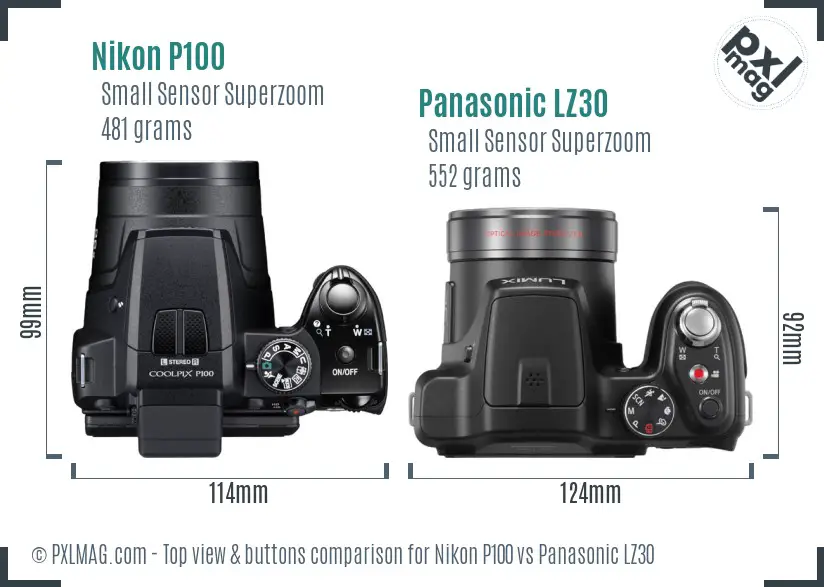 Nikon P100 vs Panasonic LZ30 top view buttons comparison