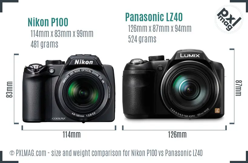 Nikon P100 vs Panasonic LZ40 size comparison