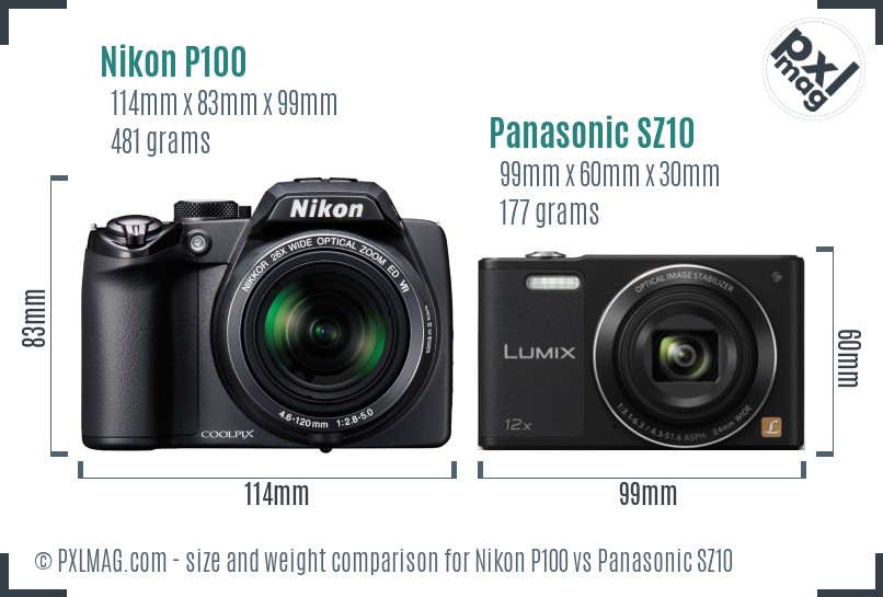 Nikon P100 vs Panasonic SZ10 size comparison Nikon P100 vs Panasonic SZ10 size comparison