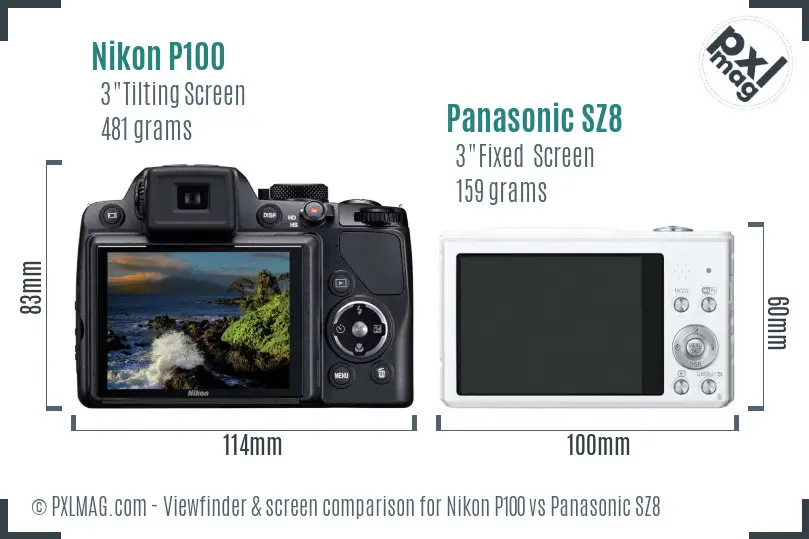 Nikon P100 vs Panasonic SZ8 Screen and Viewfinder comparison