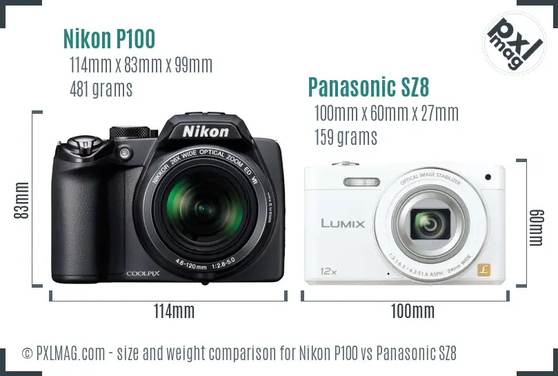 Nikon P100 vs Panasonic SZ8 size comparison