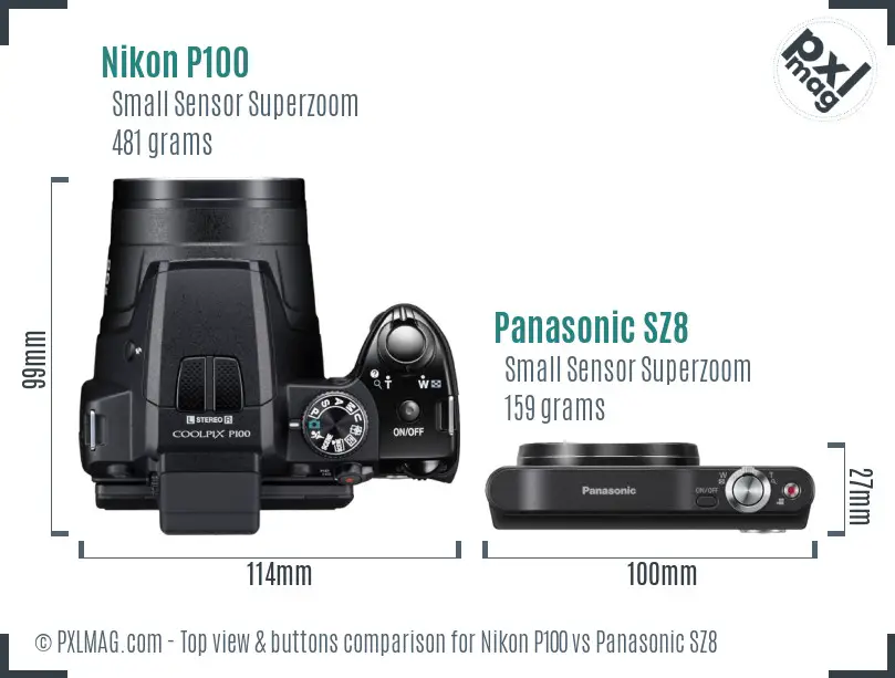 Nikon P100 vs Panasonic SZ8 top view buttons comparison