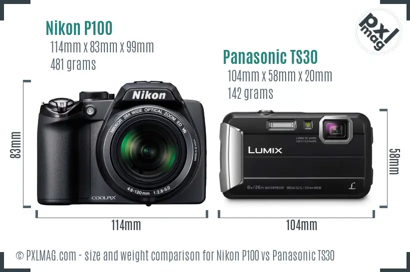 Nikon P100 vs Panasonic TS30 size comparison