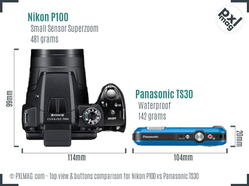 Nikon P100 vs Panasonic TS30 top view buttons comparison