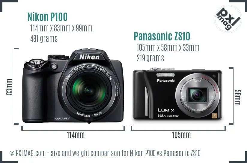 Nikon P100 vs Panasonic ZS10 size comparison