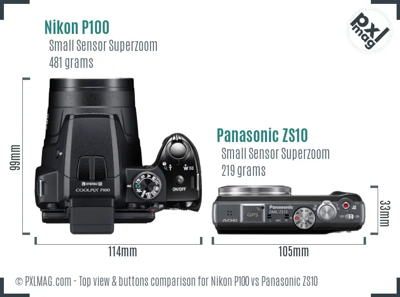 Nikon P100 vs Panasonic ZS10 top view buttons comparison