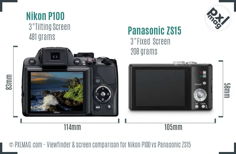 Nikon P100 vs Panasonic ZS15 Screen and Viewfinder comparison