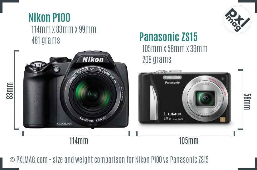 Nikon P100 vs Panasonic ZS15 size comparison