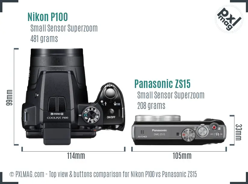 Nikon P100 vs Panasonic ZS15 top view buttons comparison