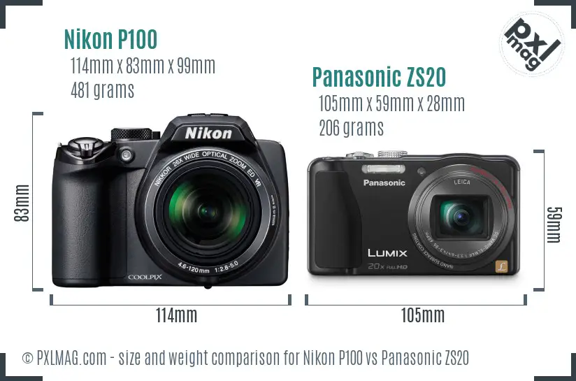 Nikon P100 vs Panasonic ZS20 size comparison