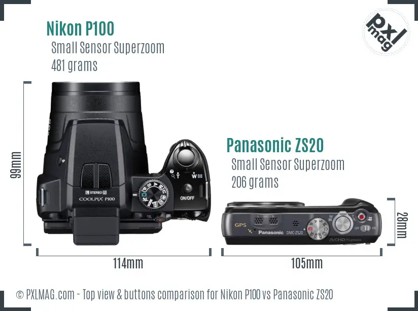 Nikon P100 vs Panasonic ZS20 top view buttons comparison