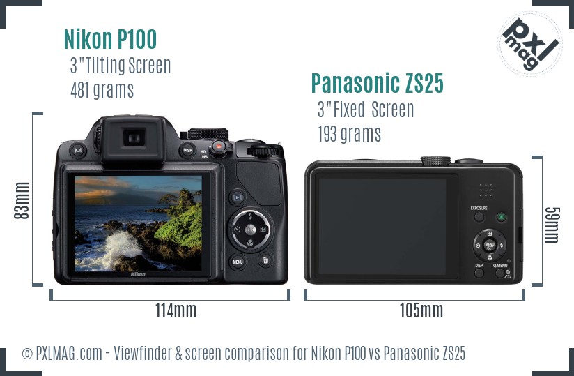 Nikon P100 vs Panasonic ZS25 Screen and Viewfinder comparison