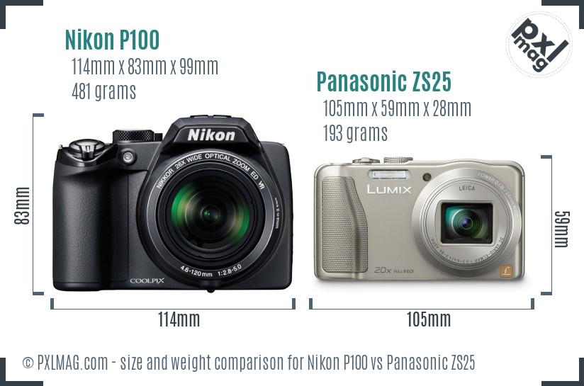 Nikon P100 vs Panasonic ZS25 size comparison