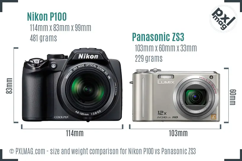 Nikon P100 vs Panasonic ZS3 size comparison Nikon P100 vs Panasonic ZS3 size comparison