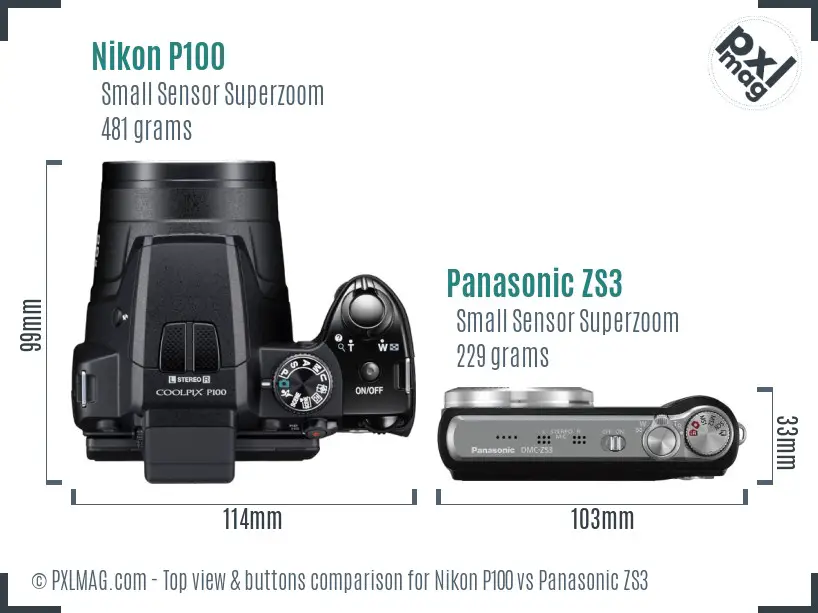 Nikon P100 vs Panasonic ZS3 top view buttons comparison Nikon P100 vs Panasonic ZS3 top view buttons comparison