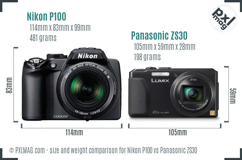 Nikon P100 vs Panasonic ZS30 size comparison Nikon P100 vs Panasonic ZS30 size comparison